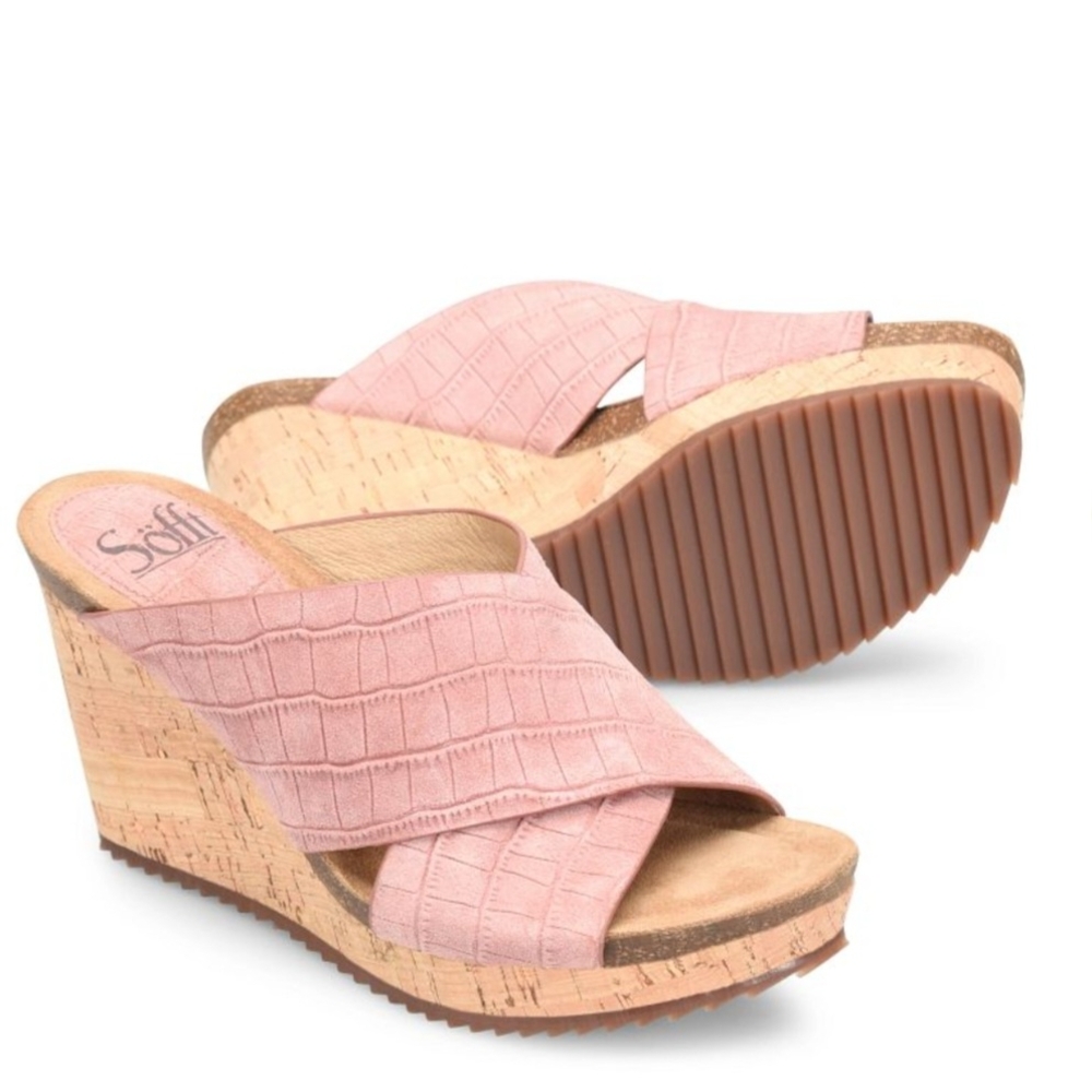 Sofft Blush Croc-Embossed Wedge Sandals